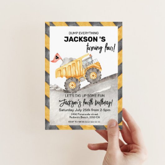 Construction 4th Birthday Invitation, Dump Truck Kaart