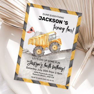 Construction 4th Birthday Invitation, Dump Truck Kaart
