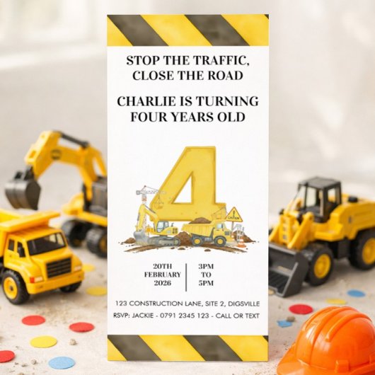 Construction 4th Birthday Invitation Kaart