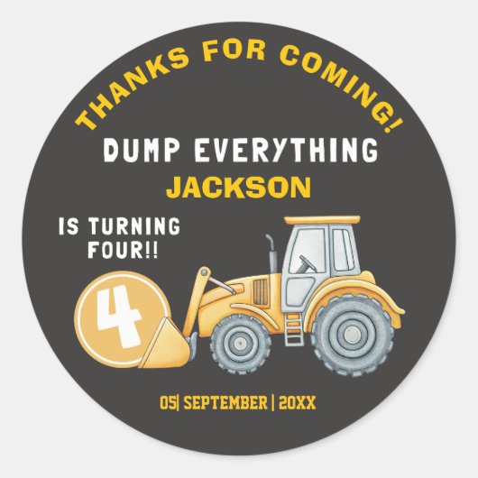Construction Birthday 4| Excavator “Dump Everythin Ronde Sticker (Voorkant)