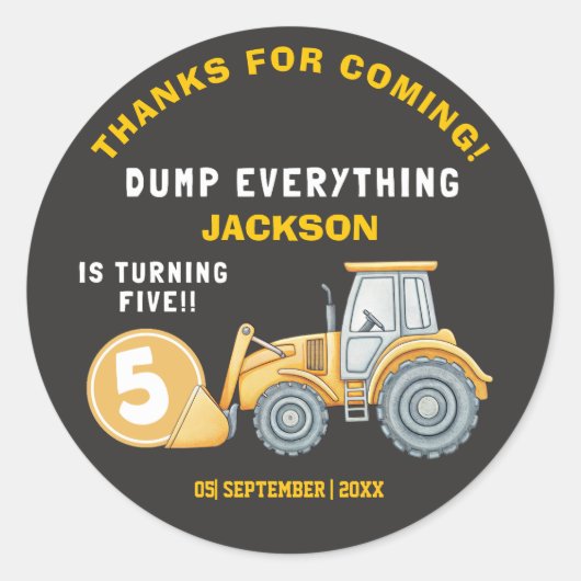 Construction Birthday 5 Excavator “Dump Everythin Ronde Sticker (Voorkant)
