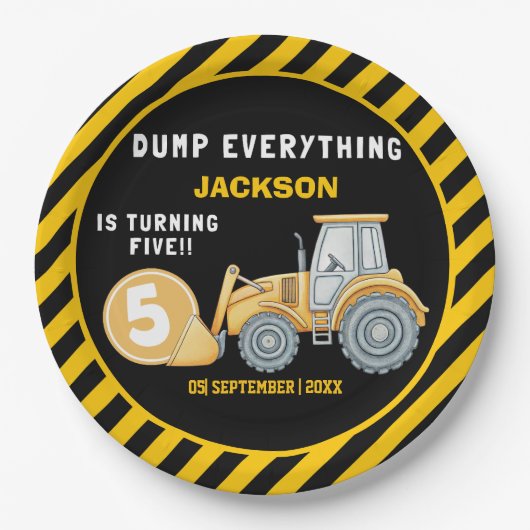 Construction Birthday 5 Party | Excavator Papieren Bordje (Voorkant)
