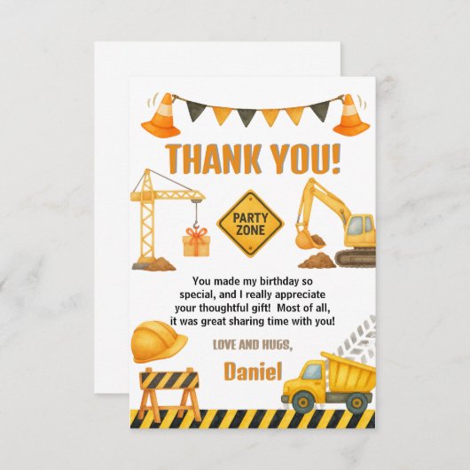Construction Birthday Dump Truck Bedankkaart (Voorkant / Achterkant)