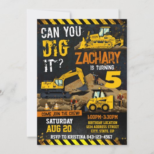 Construction Birthday Invitation, Boys digger invi Kaart (Voorkant)