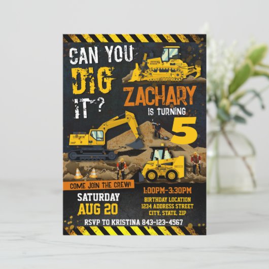 Construction Birthday Invitation, Boys digger invi Kaart (Staand voorkant)