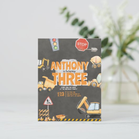 Construction Birthday Invitation Briefkaart (Staand voorkant)