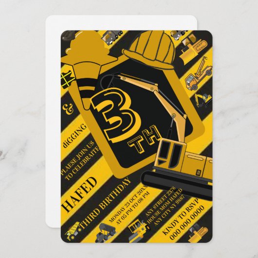 Construction Birthday Invitation, Editable Constru Kaart (Voorkant / Achterkant)