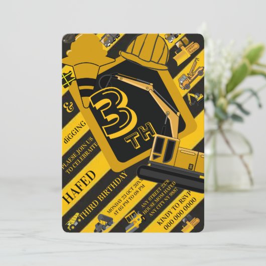 Construction Birthday Invitation, Editable Constru Kaart (Staand voorkant)