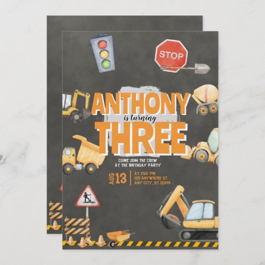 Construction Birthday Invitation Kaart (Voorkant / Achterkant)