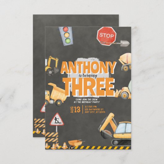 Construction Birthday Invitation Kaart (Voorkant / Achterkant)