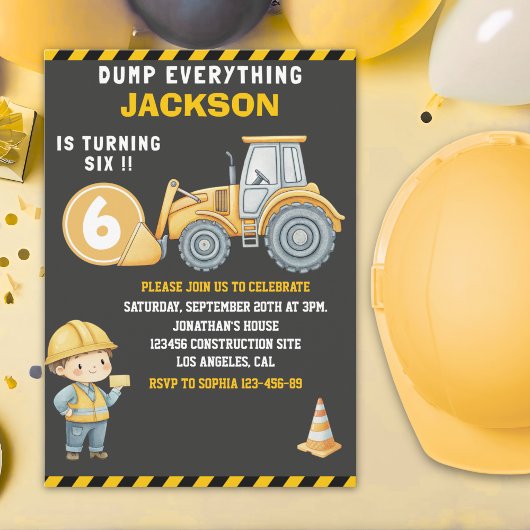 Construction Birthday Turning Six Boy Kaart