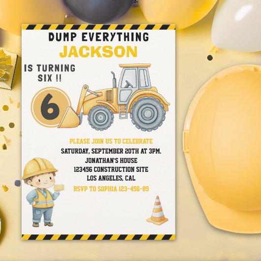 Construction Birthday Turning Six Boy Yellow Kaart