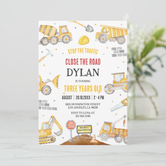 Construction Boy Birthday Invitation Kaart (Staand voorkant)