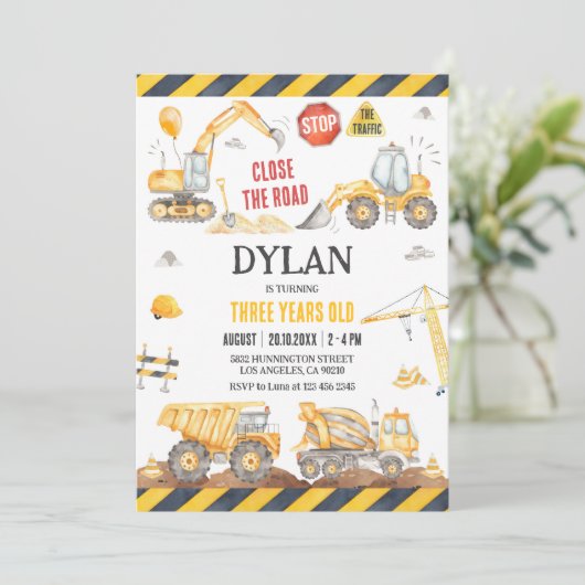 Construction Boy Birthday Invitation Kaart (Staand voorkant)