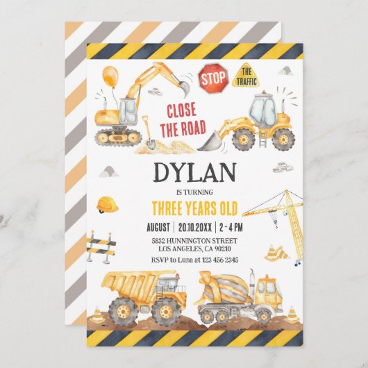 Construction Boy Birthday Invitation Kaart (Voorkant / Achterkant)