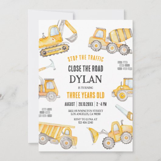 Construction Boy Birthday Invitation Kaart (Voorkant)