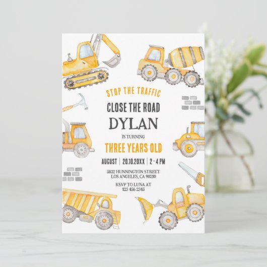 Construction Boy Birthday Invitation Kaart (Staand voorkant)