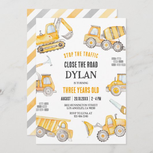 Construction Boy Birthday Invitation Kaart (Voorkant / Achterkant)