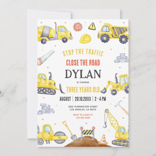 Construction Boy Birthday Invitation Kaart (Voorkant)