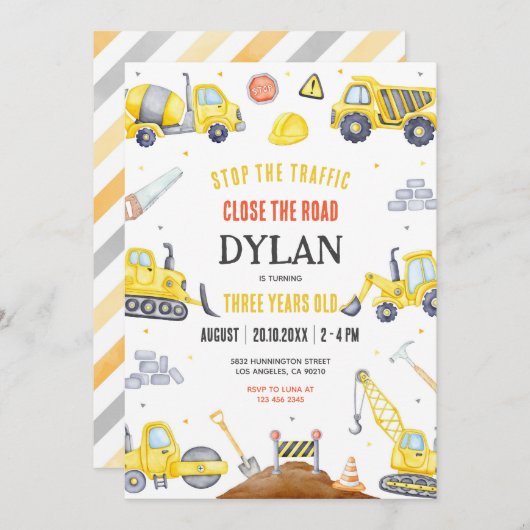 Construction Boy Birthday Invitation Kaart (Voorkant / Achterkant)