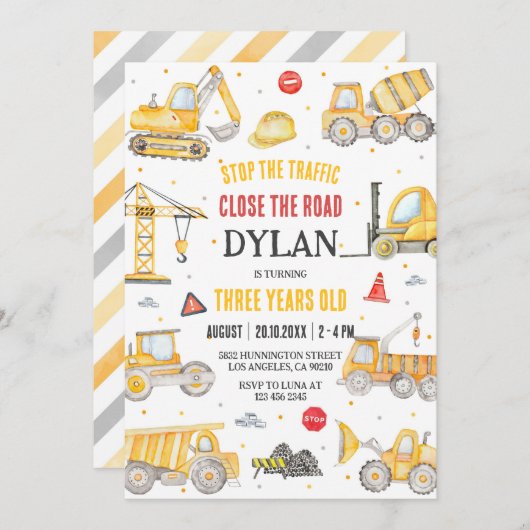 Construction Boy Birthday Invitation Kaart (Voorkant / Achterkant)