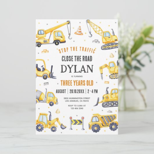 Construction Boy Birthday Invitation Kaart (Staand voorkant)