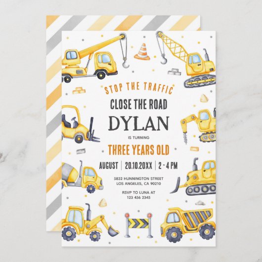 Construction Boy Birthday Invitation Kaart (Voorkant / Achterkant)
