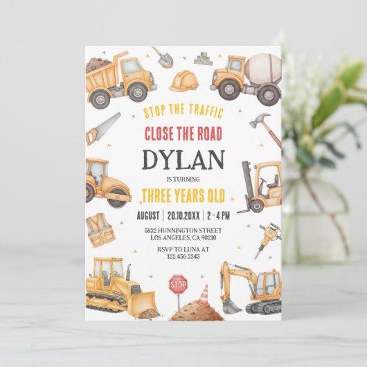 Construction Boy Birthday Invitation Kaart (Staand voorkant)