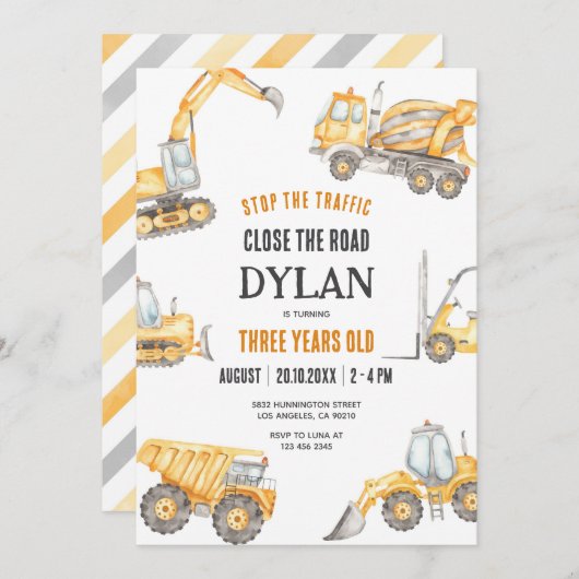 Construction Boy Birthday Invitation Kaart (Voorkant / Achterkant)