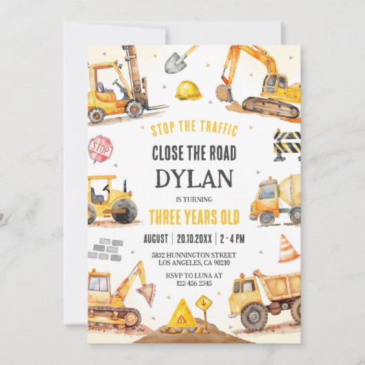 Construction Boy Birthday Invitation Kaart (Voorkant)