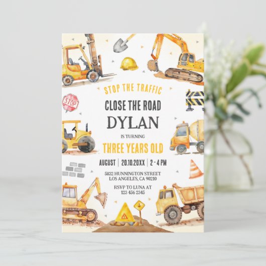 Construction Boy Birthday Invitation Kaart (Staand voorkant)