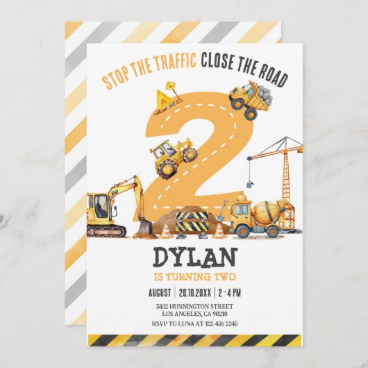 Construction Boy Birthday Invitation Kaart (Voorkant / Achterkant)