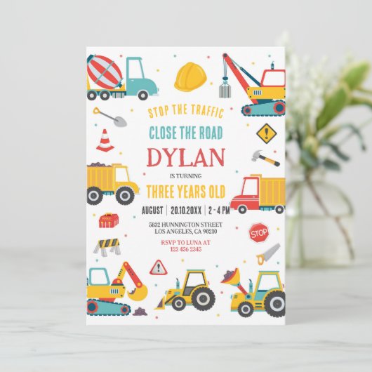 Construction Boy Birthday Invitation Kaart (Staand voorkant)