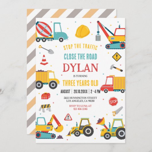 Construction Boy Birthday Invitation Kaart (Voorkant / Achterkant)
