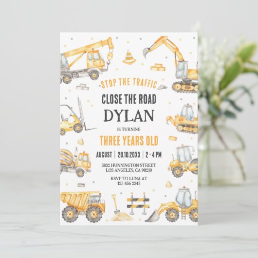 Construction Boy Birthday Invitation Kaart (Staand voorkant)