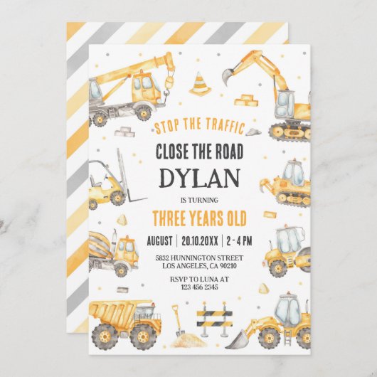 Construction Boy Birthday Invitation Kaart (Voorkant / Achterkant)
