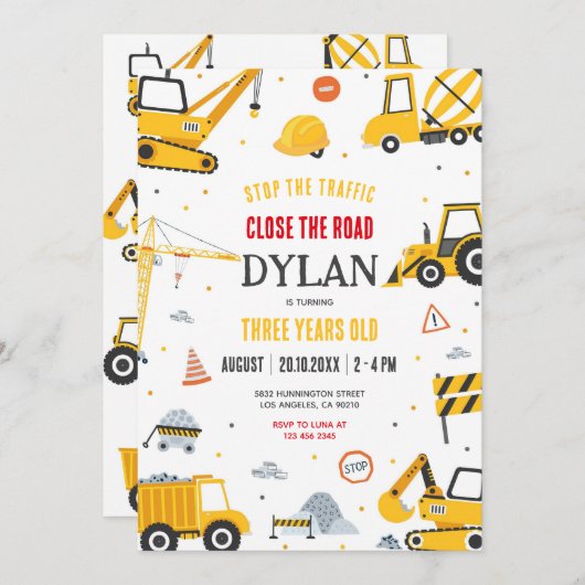 Construction Boy Birthday Invitation Kaart (Voorkant / Achterkant)