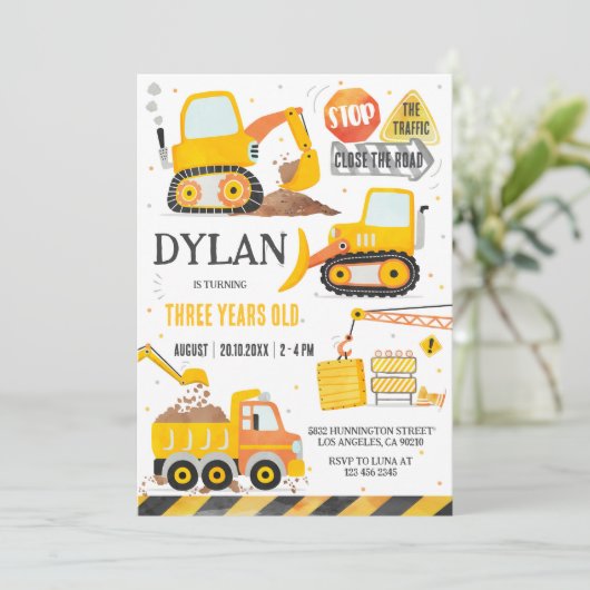 Construction Boy Birthday Invitation Kaart (Staand voorkant)
