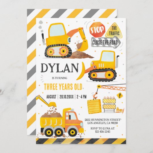 Construction Boy Birthday Invitation Kaart (Voorkant / Achterkant)