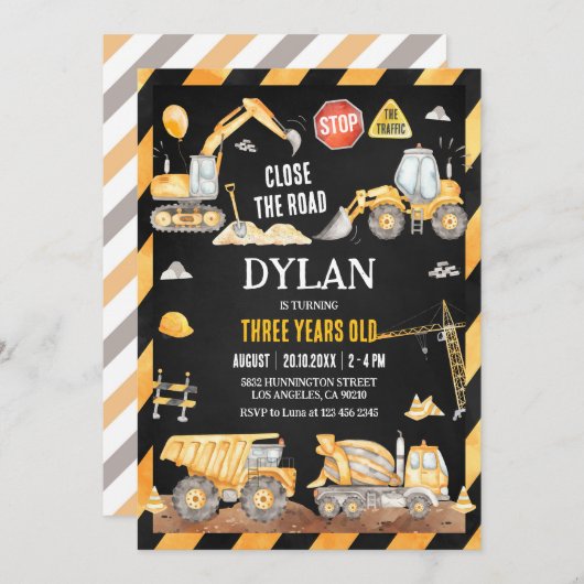 Construction Boy Birthday Invitation Kaart (Voorkant / Achterkant)