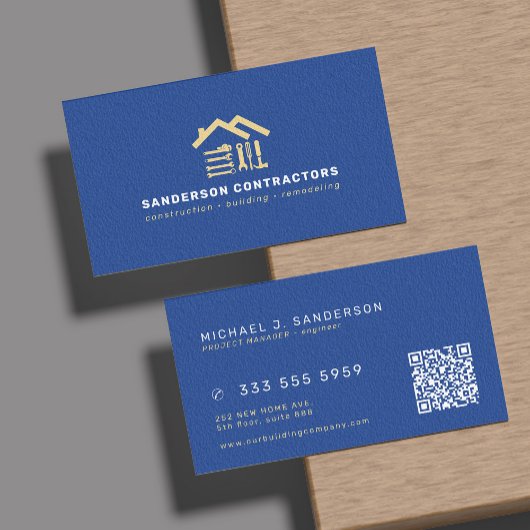 Construction company modern royal blue gold QR  Visitekaartje