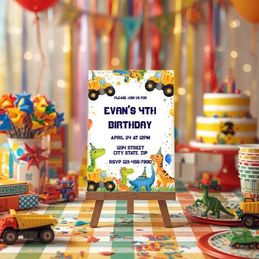 Construction Dinosaur Birthday Invitation Dump Kaart