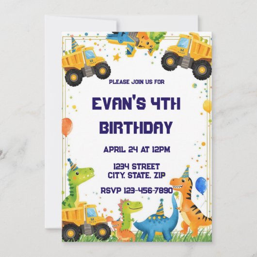 Construction Dinosaur Birthday Invitation Dump Kaart (Voorkant)