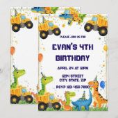 Construction Dinosaur Birthday Invitation Dump Kaart (Voorkant / Achterkant)