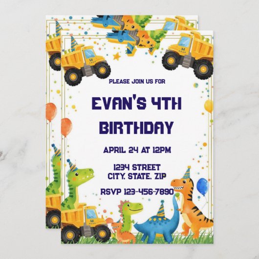 Construction Dinosaur Birthday Invitation Dump Kaart (Voorkant / Achterkant)