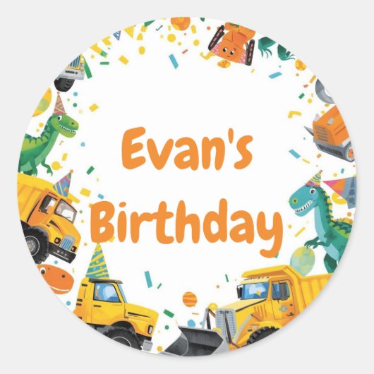 Construction Dinosaur Birthday Party Ronde Sticker (Voorkant)