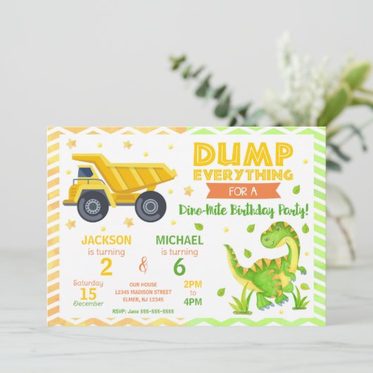Construction & Dinosaur Joint Birthday Invitation Kaart (Staand voorkant)