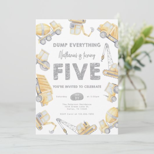 Construction Dump Truck FIVE 5th Birthday Party Kaart (Staand voorkant)