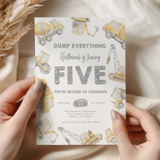 Construction Dump Truck FIVE 5th Birthday Party Kaart