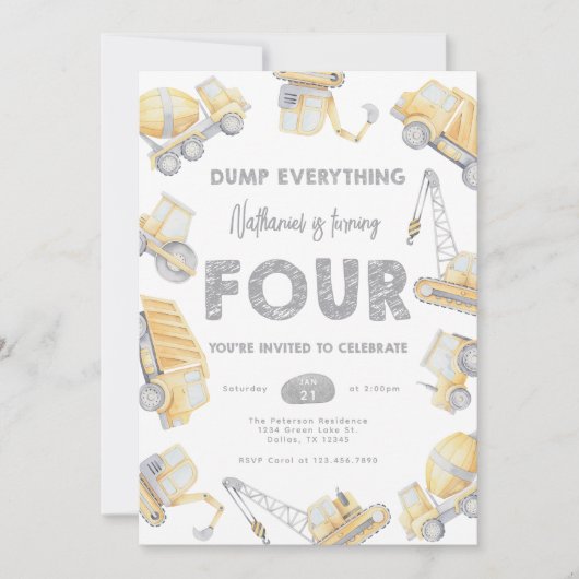 Construction Dump Truck FOUR 4th Birthday Party Kaart (Voorkant)